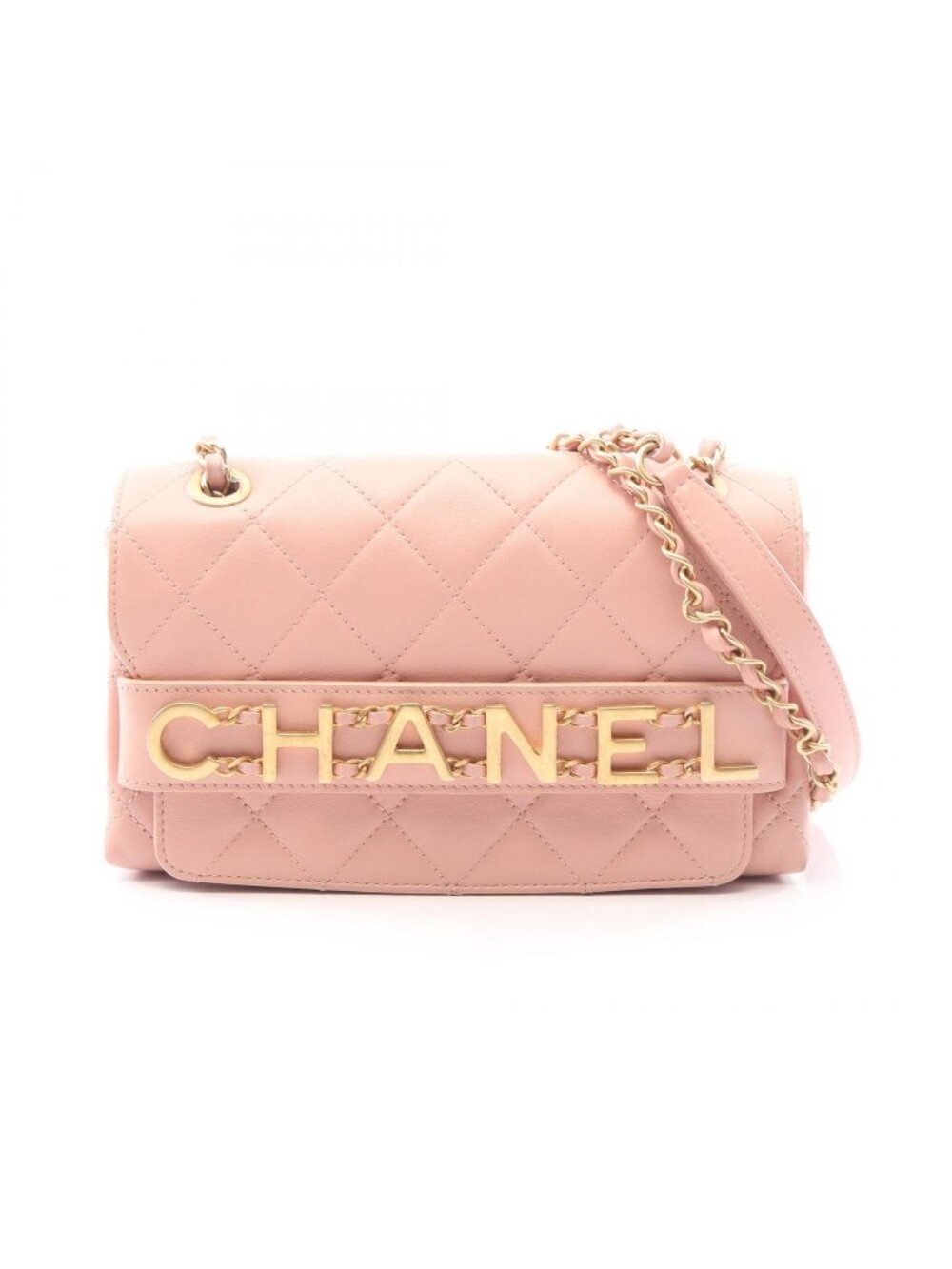 Chanel Shoulder Bag Quilted Logo Pink Lambskin Chain